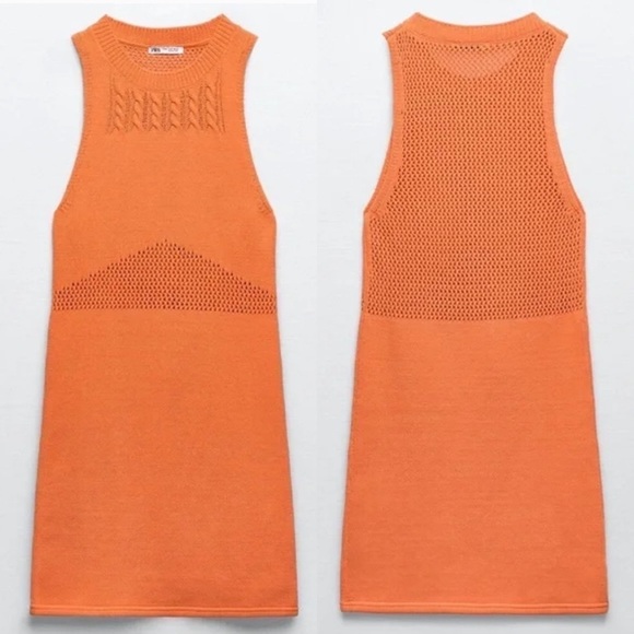 NEW Zara Orange Knit Mesh Mini Dress - Picture 6 of 12